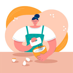 Woman mixing the eggs. Young woman beating the eggs with a mixer. Cartoon character cooking in the kitchen. Stay home activity. Vector illustration on cooking food at home.