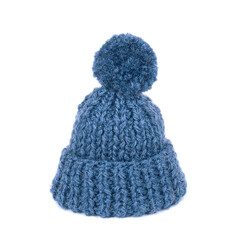 Knitted blue hat isolated on white background