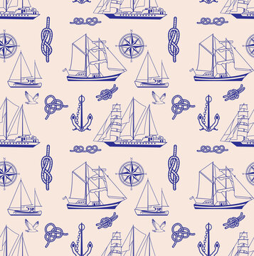 Seamless pattern of sailing ships, anchors and nautical knots. Vector graphics.