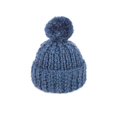 Knitted blue hat isolated on white background