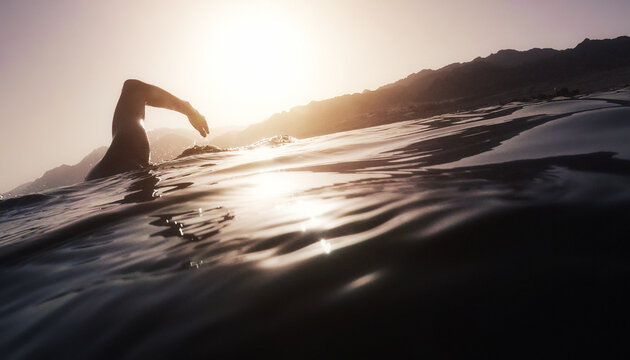 Athletic young man swimming at sea. Professional triathlon swimmer in water