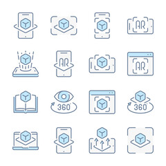 Augmented Reality related blue line colored icons. Virtual Reality and Interactive simulation icon set.