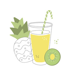 Fresh summer smoothie in a glass. Tall cup with a straw and fruits. Delicious summer drink made of kiwi and pineapple. Whimsical food illustration. Cute line doodle style.