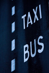 Indicación pintada en el suelo para carril único de uso para taxi y autobús
