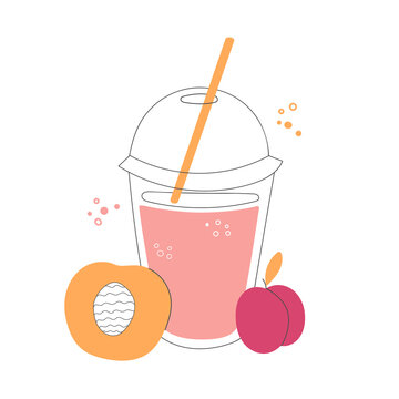 Fresh peach and plump smoothie. Plastic take away cup with a straw. Delicious summer drink on the go in doodle style. Whimsical food illustration. 