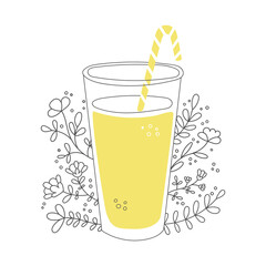 Fruity smoothie with plants and flowers. Tall glass with a straw and tasty drink. Cup of tasty summer beverage and floral ornament. Vector illustration on food and drink in flat style. 