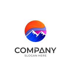 Mountain sun logo concept, hill landscape vector logo
