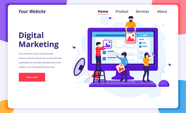 Digital Marketing concept, people putting content images to promote products online. Modern flat web page design for website and mobile website. Vector illustration
