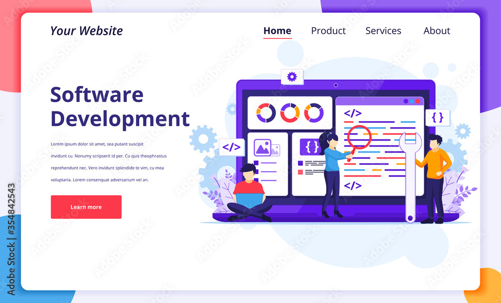 Poster Software Development concept, People work on a giant laptop programming and coding. Modern flat web page design for website and mobile website. Vector illustration