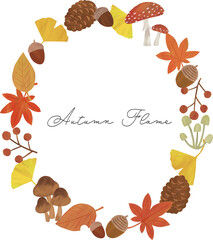 秋　丸　枠　フレーム　イラスト　パターン　紅葉　イチョウ　どんぐり　松ぼっくり　きのこ　葉っぱ