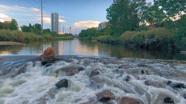 Aerial: South Platte River In Downtown Denver, Colorado, USA