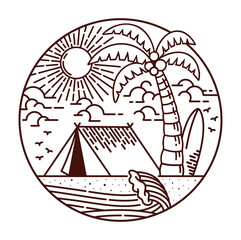 camping on the beach line illustration