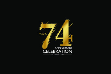74 year minimalist logo years, jubilee, greeting card. Birthday invitation. Sign Gold space vector illustration on black background - Vector