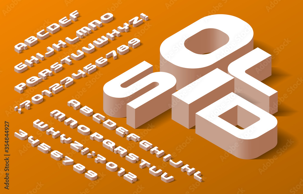 Poster Solid alphabet font. 3d isometric letters, numbers and symbols with shadow. Stock vector typescript for your typography design.