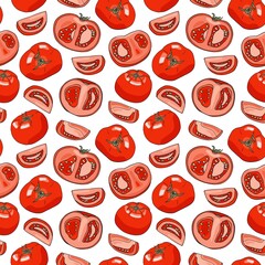 Vector red tomatoes seamless pattern. Hand drawn whole, sliced and half cut fresh tomato vegetables isolated on white background. Food ingredients cartoon texture. Healthy food, vegetarian.