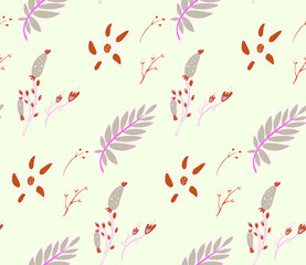 Seamless background image with bright and colored elements. Summer theme pattern with  natural colors and  herbs. Beautiful background.
