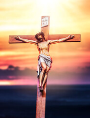 Jesus Christ crucifixion. Holy God Jesus sacrifice on cross. Christianity symbol.