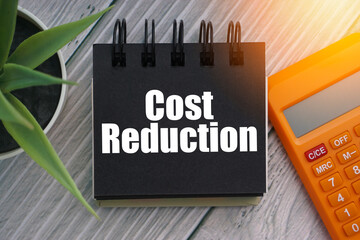 COST REDUCTION text with calculator, decorative plant and notepad on wooden background. Business concept