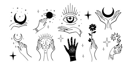 Set of magic symbols, witches tattoos. Crescent moon, hands with plants, magic ball, planets. Black linear sketch, boho design, modern vector illustration.