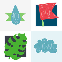 Set of illustrations on the theme of healthy eating. monstera leaf, drop of water, light cloud, flag labeled bio. Modern vector.