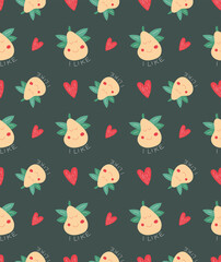 Bright seamless pattern, cute pears and hearts in scandinavian style. Unique hand drawn background. Modern vector illustration.