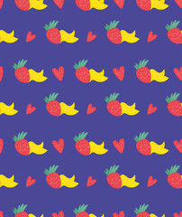 Bright seamless pattern, juicy strawberries and heart in scandinavian style. Unique hand drawn background. Modern vector illustration.