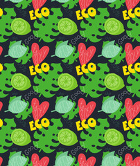 Bright seamless pattern, lime, heart and leaves of monstera in scandinavian style. Unique hand drawn background. Modern vector illustration.