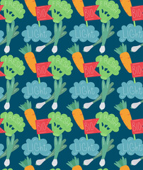 Bright seamless pattern, broccoli and carrots in scandinavian style. Unique hand drawn background. Modern vector illustration.