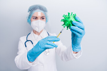 Closeup photo of serious lady doc working covid bacteria analyzing trying new experimental vaccine...