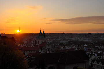 Dawn over Prague. The urban skyline of an ancient European city at dusk.