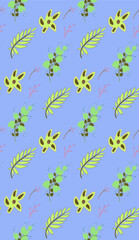 Seamless background image with bright and colored elements. Summer theme pattern with  natural colors and  herbs. Beautiful background.
