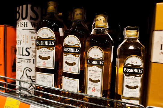Kyiv, Ukraine - December 19, 2018: Bottles Of Bushmills Whiskey On Shelves In A Supermarket. The Old Bushmills Distillery Is A Distillery In Bushmills, County Antrim, Northern Ireland.