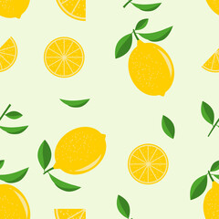 Seamless lemon pattern on a light green background. Background for printing onto fabric, packaging.