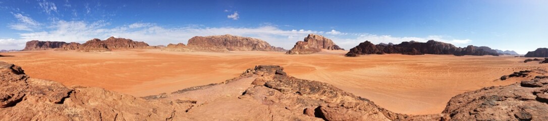 Fototapeta na wymiar Panoramic photo view in the desert of Wdai Rum, Jordan. 