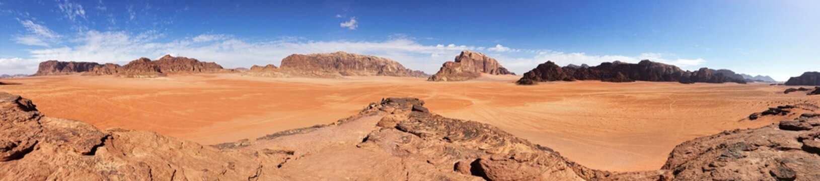 Panoramic photo view in the desert of Wdai Rum, Jordan. 