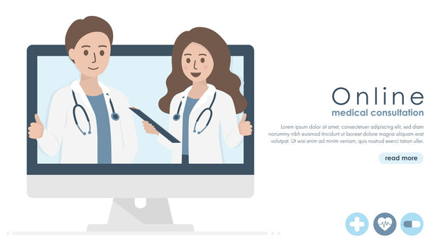 Computer screen of doctor with stethoscope, patient medical records and health icons. Online doctor, medical consultation and healthcare concept. Flat vector illustration. Copy space for text.