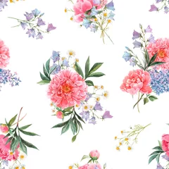 Fototapeten Beautiful seamless floral pattern with watercolor pink peony and other summer flowers. Stock illustration. © zenina