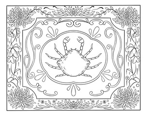 Digital illustration of crab and chrysanthemum flowers, black and white.
