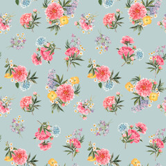 Fototapeta premium Beautiful seamless floral pattern with watercolor pink peony and other summer flowers. Stock illustration.