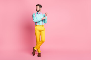 Full length photo of handsome guy trend clothes preparing corporate meeting well-dressed wear teal...