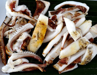 close-up sliced grilled squid background