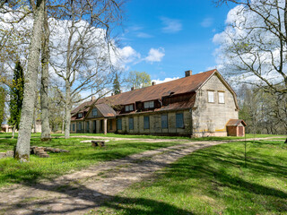 Plakat sunny spring landscape with manor house, former manor house of Liepa manor, Liepas parish, Priekuli district, latvia