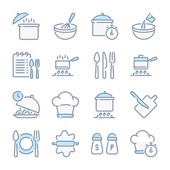 Cooking and Kitchen Utensils related blue line colored icons. Pot, Pan and Cooking recipe icon set.