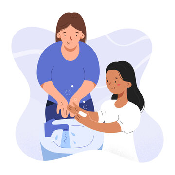 recommend clip art: Girl washing hands with soap with her mother or nanny showing how to wash hands properly together with adult, kindergarten scene, hygiene protection against coronavirus, vector illustration