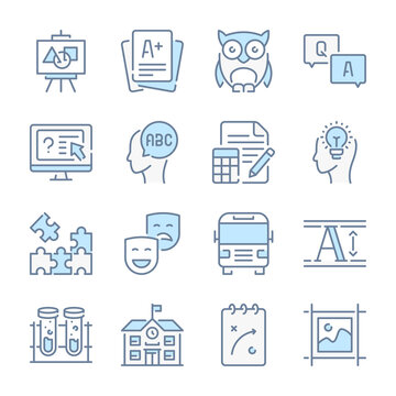 Education and Knowledge related blue line colored icons. Learning and Science icon set.