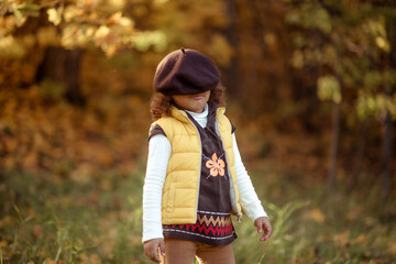 adorable little girl with autumn leaves in the beauty park.
