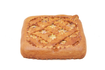 Square pie made of pastry with a meat filling. Close-up on white background