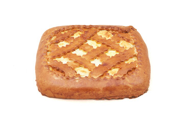Square pie pastry with cottage cheese filling. Close-up on white background