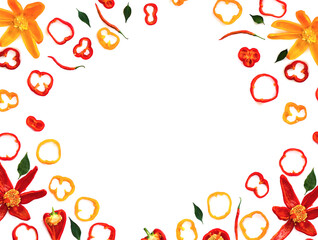 Red, orange yellow bell peppers (Capsicum annuum) and red chili pepper (Capsicum frutescens) with green leaves on a white background with space for text. Top view, flat lay