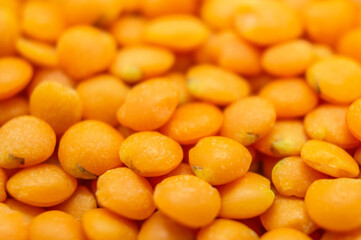 Orange lentil groats close-up. Macro photography